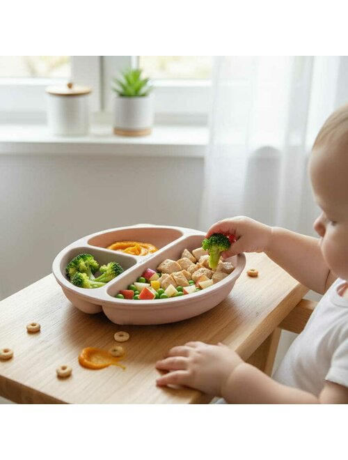 Farfurie Compartimentată Bocioland Silicon 3 Compartimente Ventuze BPA Free 6-36 Luni Pink