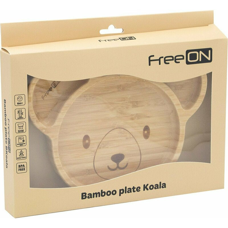 Farfurie compartimentata, FreeON, Din bambus, Cu ventuza, Conform cu standardul european de securitate EN 14372:2004, Bear