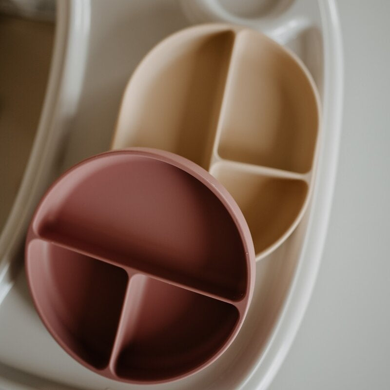 Farfurie compartimentata, Petite&Mars, Take&Match, Din silicon, Rotunda, Cu ventuza si 3 compartimente, Adecvata pentru masina de spalat vase si microunde, Nu absoarbe mirosuri, Fara BPA, 500 ml, 6 luni+, Velvet Latte, Maro pudrat