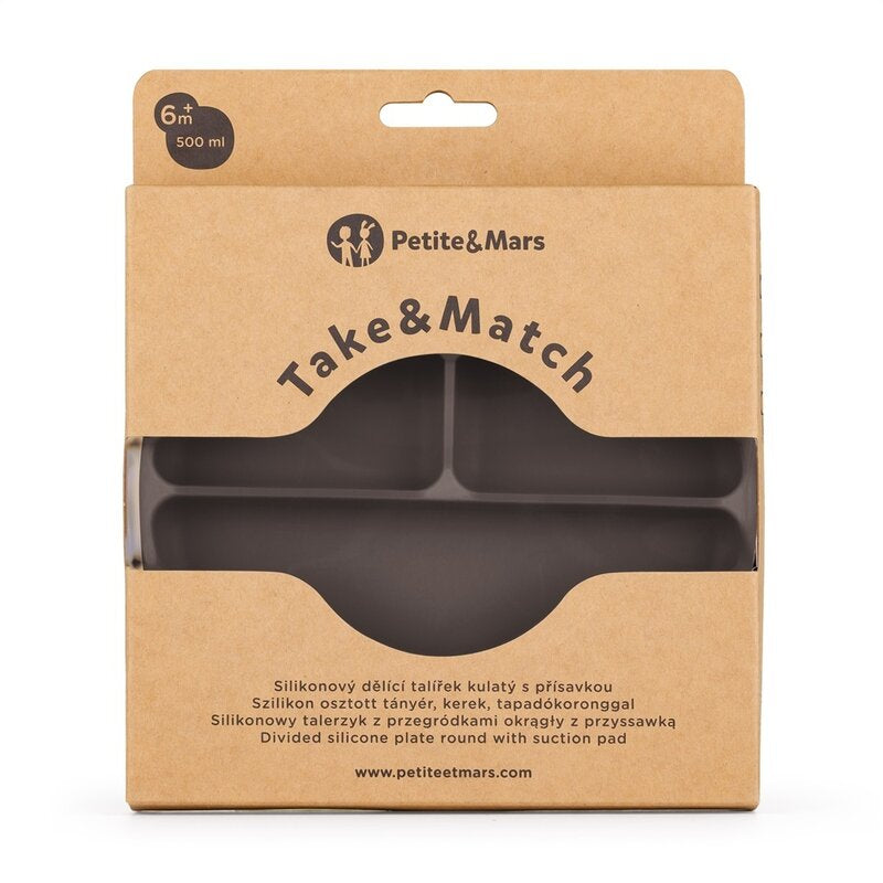 Farfurie compartimentata, Petite&Mars, Take&Match, Din silicon, Rotunda, Cu ventuza si 3 compartimente, Adecvata pentru masina de spalat vase si microunde, Nu absoarbe mirosuri, Fara BPA, 500 ml, 6 luni+, Bitter Cocoa, Maro