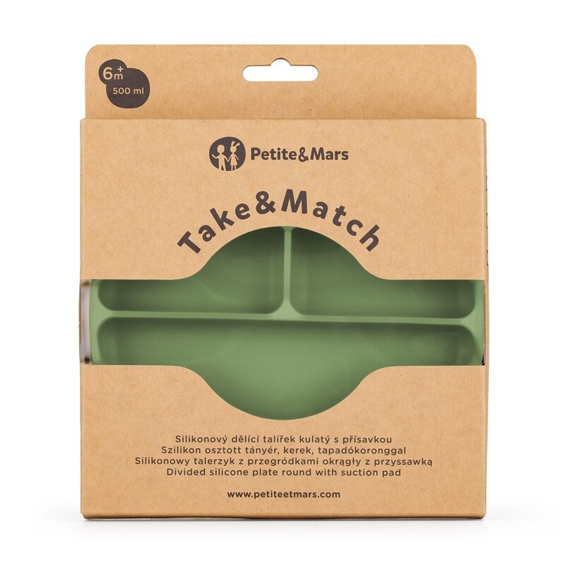 Farfurie compartimentata, Petite&Mars, Take&Match, Din silicon, Rotunda, Cu ventuza si 3 compartimente, Adecvata pentru masina de spalat vase si microunde, Nu absoarbe mirosuri, Fara BPA, 500 ml, 6 luni+, Sweet Pea, Verde