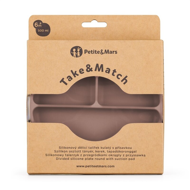 Farfurie compartimentata, Petite&Mars, Take&Match, Din silicon, Rotunda, Cu ventuza si 3 compartimente, Adecvata pentru masina de spalat vase si microunde, Nu absoarbe mirosuri, Fara BPA, 500 ml, 6 luni+, Velvet Latte, Maro pudrat
