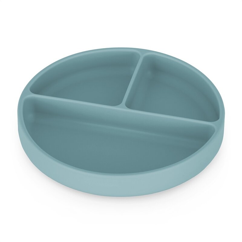 Farfurie compartimentata, Petite&Mars, Take&Match, Din silicon, Rotunda, Cu ventuza si 3 compartimente, Adecvata pentru masina de spalat vase si microunde, Nu absoarbe mirosuri, Fara BPA, 500 ml, 6 luni+, Frosted Sky, Albastru