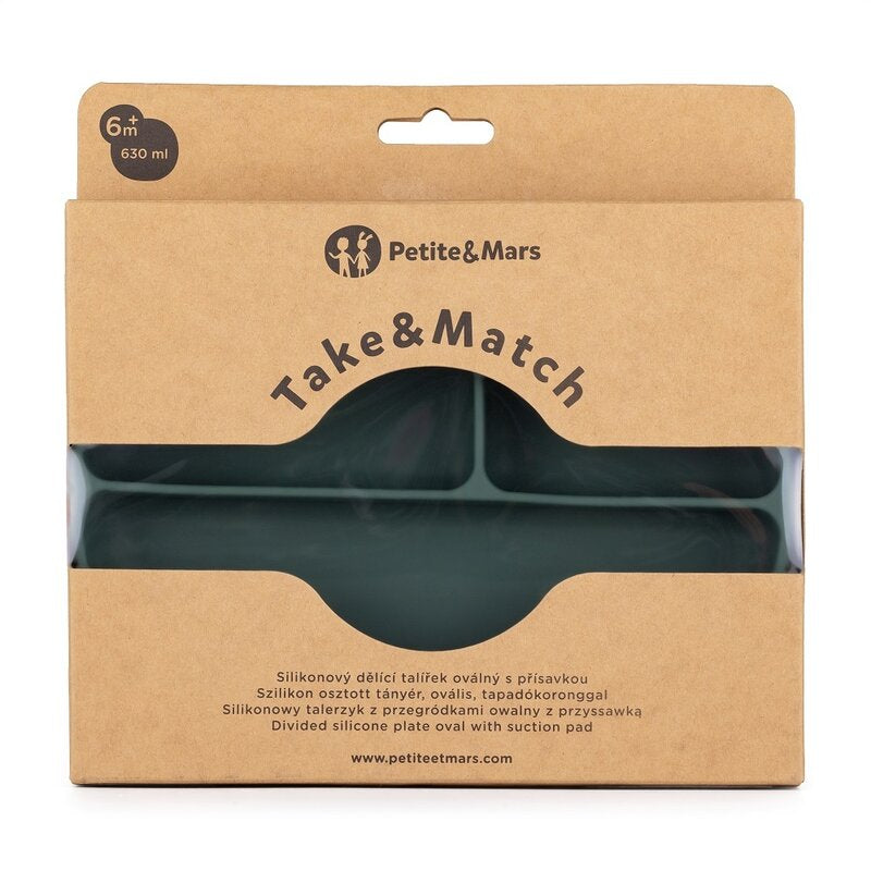 Farfurie compartimentata, Petite&Mars, Take&Match, Ovala, Cu ventuza si 3 compartimente, Silicon, Fara BPA, 630 ml, 6 luni+, Verde