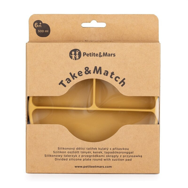 Farfurie compartimentata, Petite&Mars, Take&Match, Rotunda, Cu ventuza si 3 compartimente, Silicon, Fara BPA, 500 ml, 6 luni+, Galben