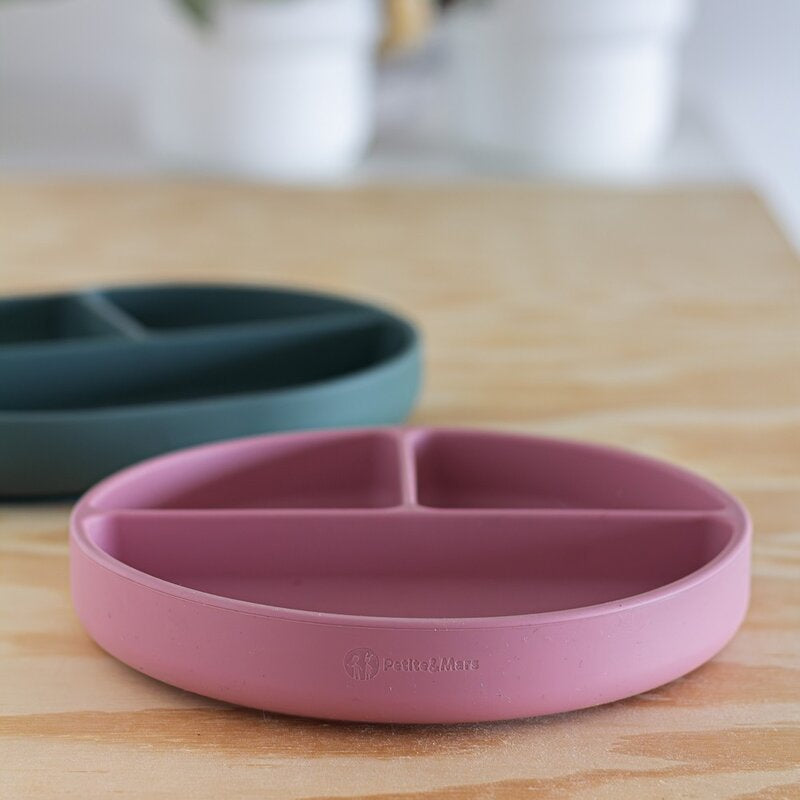 Farfurie compartimentata, Petite&Mars, Take&Match, Rotunda, Cu ventuza si 3 compartimente, Silicon, Fara BPA, 500 ml, 6 luni+, Roz