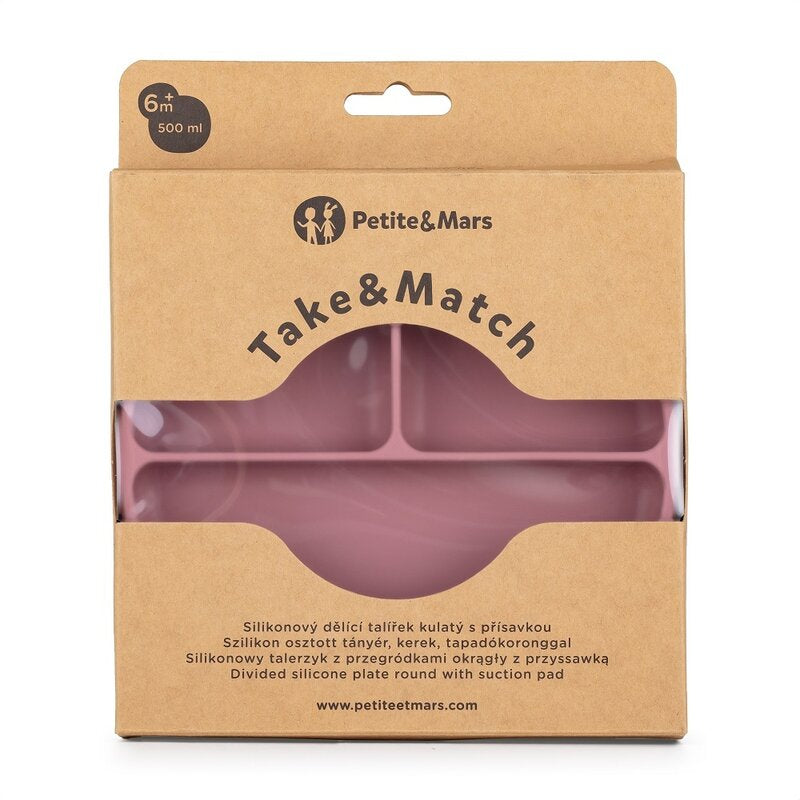 Farfurie compartimentata, Petite&Mars, Take&Match, Rotunda, Cu ventuza si 3 compartimente, Silicon, Fara BPA, 500 ml, 6 luni+, Roz