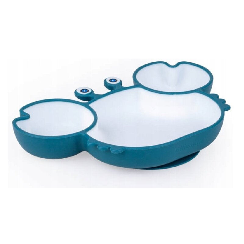 Farfurie, Giligums, Crab Premium, Cu 3 compartimente, Cu ventuza, Din silicon, Fara BPA, 6 luni+, Alb/Turcoaz