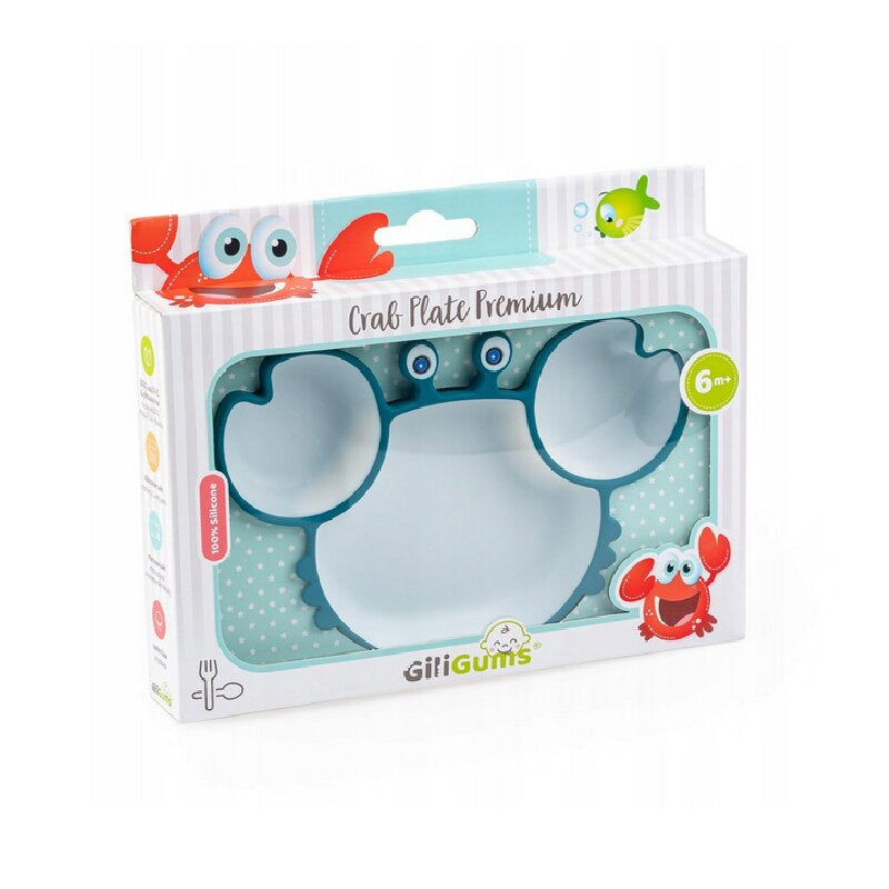 Farfurie, Giligums, Crab Premium, Cu 3 compartimente, Cu ventuza, Din silicon, Fara BPA, 6 luni+, Alb/Turcoaz