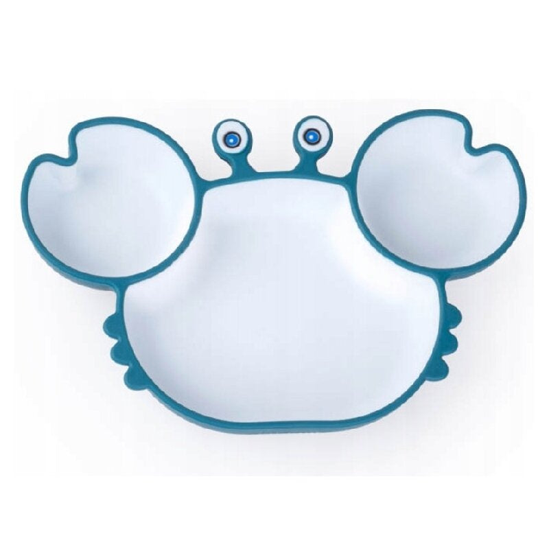 Farfurie, Giligums, Crab Premium, Cu 3 compartimente, Cu ventuza, Din silicon, Fara BPA, 6 luni+, Alb/Turcoaz