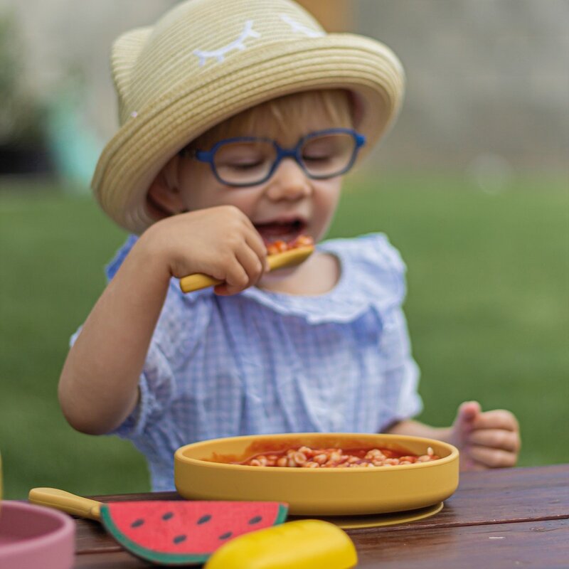 Farfurie, Petite&Mars, Take&Match, Din silicon, Cu ventuza, Fara BPA, Adecvata pentru masina de spalat vase si microunde, Nu absoarbe mirosuri, 6 luni+, 400 ml, Frosted Sky, Albastru