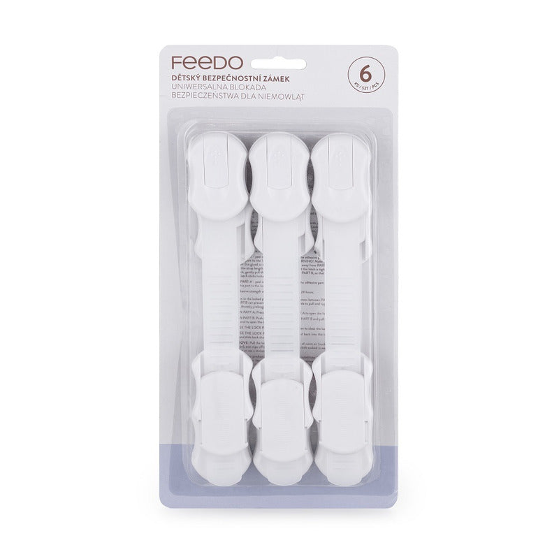 Set sisteme de siguranta, Feedo, Pentru mobilier, Universale, Cu lungime reglabila, 19 x 3.4 cm, Distanta 2-11 cm, 6 bucati, Alb