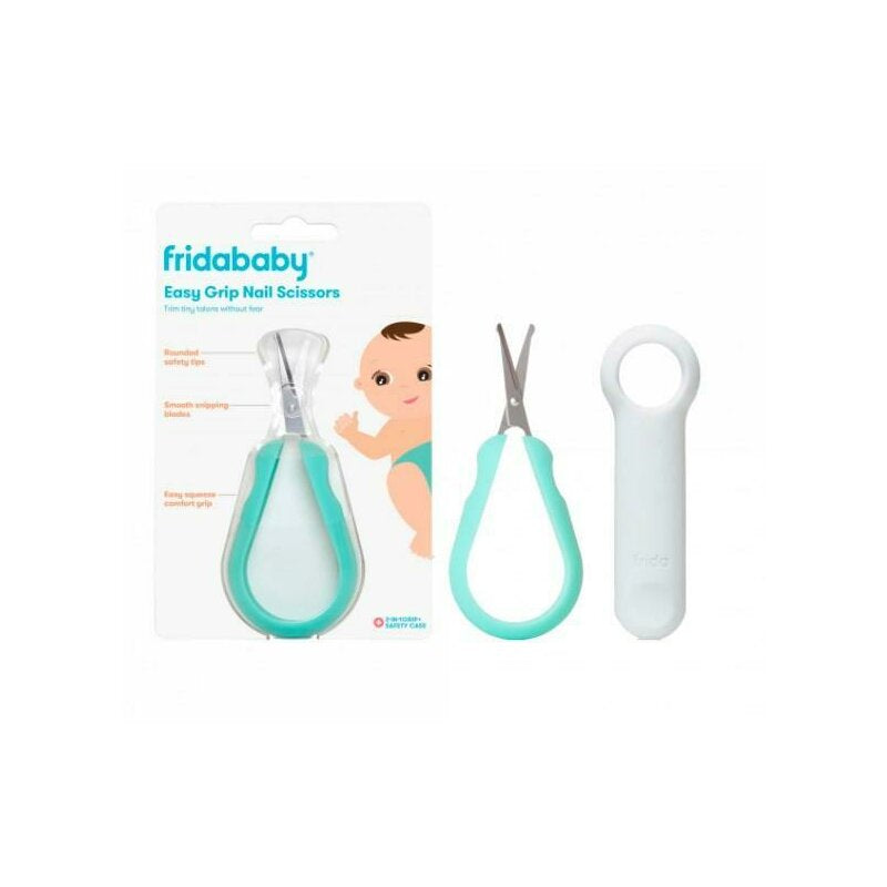 Foarfecuta pentru unghii , Fridababy, Easy Grip, Ergonomica, Cu varf rotunjit, Maner antialunecare, Cu husa de protectie, 0 luni+, Otel inoxidabil, Fara BPA, Verde/Turquoise