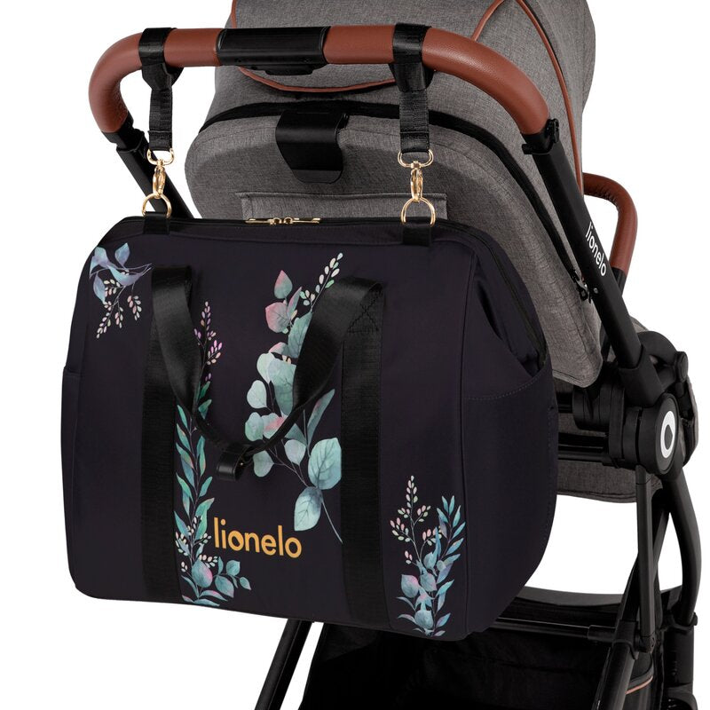 Geanta pentru mamici Lionelo Ida Negru cu imprimeu floral – geanta fixata pe carucior