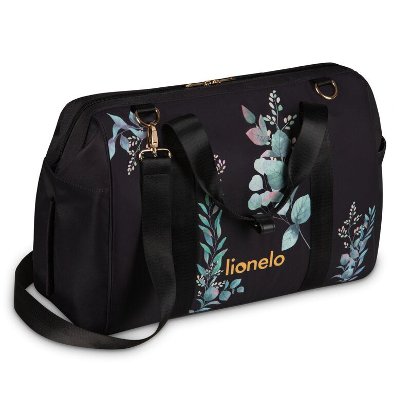 Geanta pentru mamici Lionelo Ida Negru cu imprimeu floral – geanta din lateral