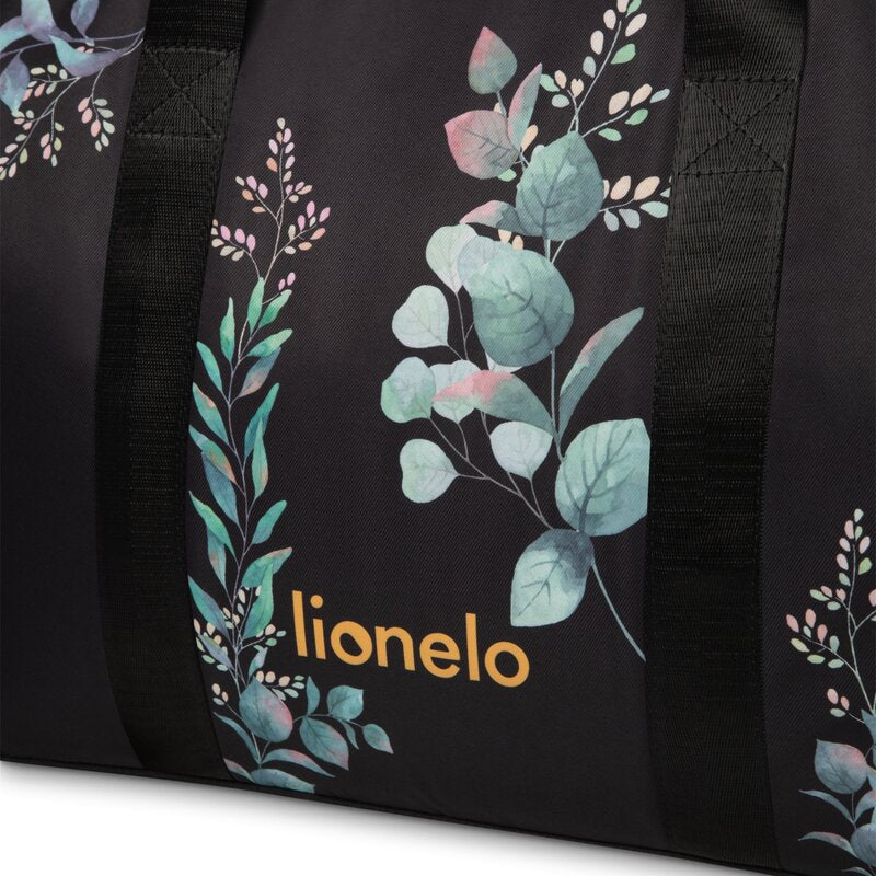 Geanta pentru mamici Lionelo Ida Negru cu imprimeu floral – detaliu al imprimeului floral