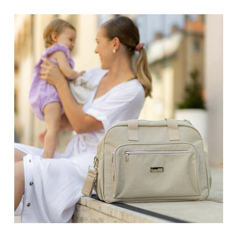 Geanta pentru scutece, FreeON, Style, Impermbeabila, Cu multiple buzunare, Dimensiune compacta, 39x32x18 cm, Grey/beige
