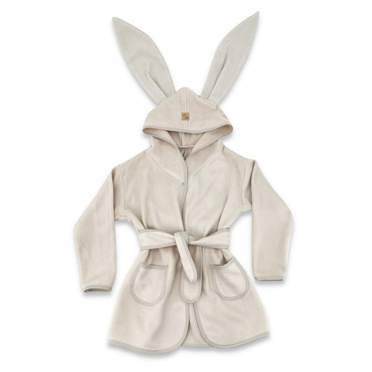 Halat de baie, Qmini, Cu urechi, S, 6 - 24 luni, Moale, Cu buzunare, Cu cordon, Din tricot termo-terry din bambus, Materiale certificate Oeko Tex Standard 100, Beige