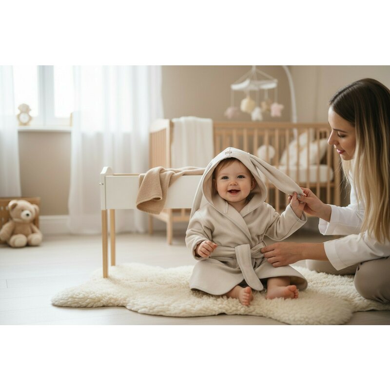 Halat de baie, Qmini, Cu urechi, S, 6 - 24 luni, Moale, Cu buzunare, Cu cordon, Din tricot termo-terry din bambus, Materiale certificate Oeko Tex Standard 100, Beige