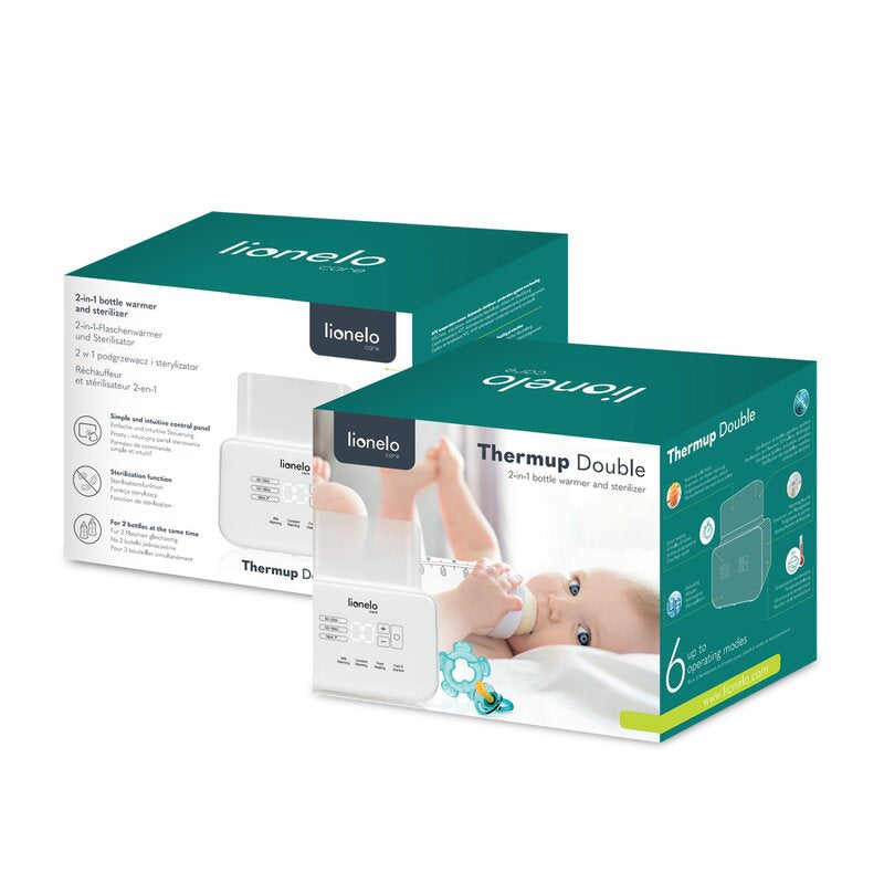 Incalzitor biberoane, Lionelo, ThermUp Double, 2 biberoane, 3 - 5 min, Temperatura constanta pana la 24 h, Sterilizare, Dezghetare, Fara BPA, Alb