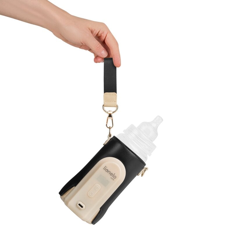 Incalzitor biberoane, Lionelo, ThermUp Go Evo, Portabil, Cu 5 niveluri de incalzire, Cu buton Safety Control, Mentinere caldura pana la 9h, Incarcare USB, Negru Auriu