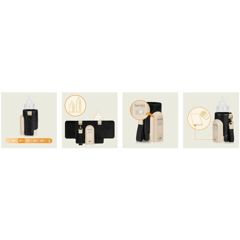 Incalzitor biberoane, Lionelo, ThermUp Go Evo, Portabil, Cu 5 niveluri de incalzire, Cu buton Safety Control, Mentinere caldura pana la 9h, Incarcare USB, Negru/Auriu