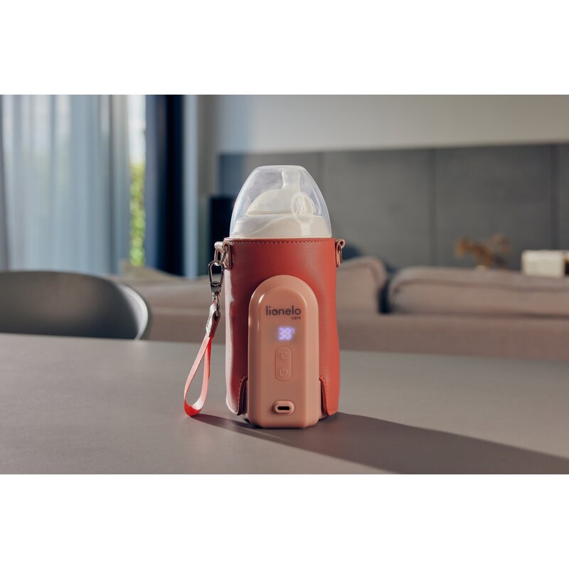 Incalzitor biberoane, Lionelo, ThermUp Go Evo, Portabil, Cu 5 niveluri de incalzire, Cu buton Safety Control, Mentinere caldura pana la 9h, Incarcare USB, Roz deschis