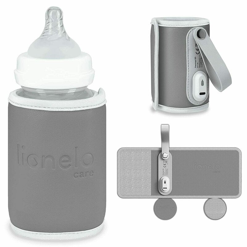 Incalzitor biberoane, Lionelo, ThermUp Go, Portabil, Temperatura constanta pana la 24 h, Incarcare USB, Gri
