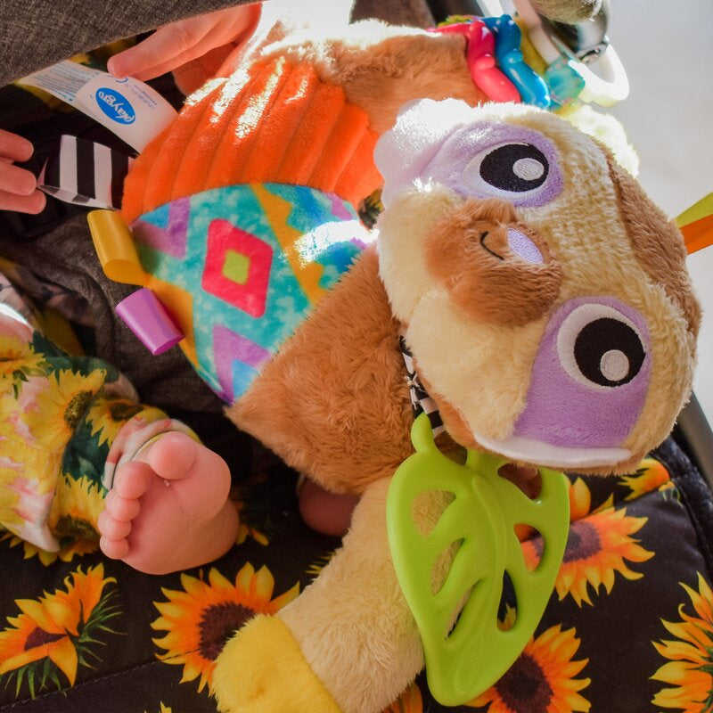 Jucarie carucior sau scaun auto, Playgro, Salo, Cu inele pentru dentitie, Cu diverse forme si texturi, Cu sunete si zornaieli, Dezvolta abilitatile motorii si imaginatia, 0 luni+, Sensory Friend Salo Sloth