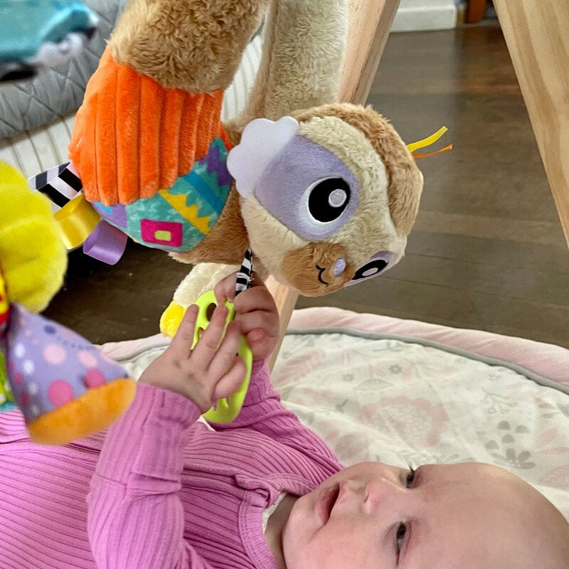 Jucarie carucior sau scaun auto, Playgro, Salo, Cu inele pentru dentitie, Cu diverse forme si texturi, Cu sunete si zornaieli, Dezvolta abilitatile motorii si imaginatia, 0 luni+, Sensory Friend Salo Sloth