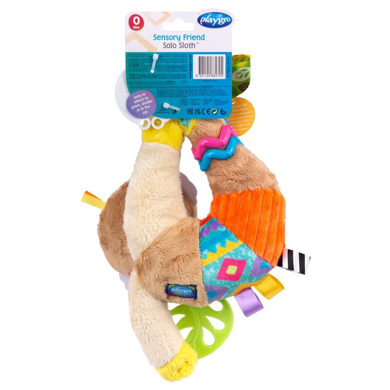 Jucarie carucior sau scaun auto, Playgro, Salo, Cu inele pentru dentitie, Cu diverse forme si texturi, Cu sunete si zornaieli, Dezvolta abilitatile motorii si imaginatia, 0 luni+, Sensory Friend Salo Sloth