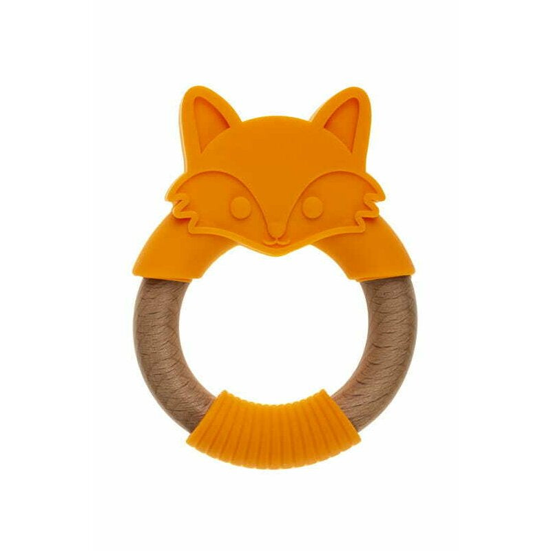 Jucarie de dentitie Bocioland, model vulpe, portocaliu, silicon si lemn