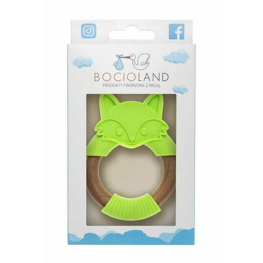 Jucarie de dentitie, Bocioland, Din silicon si lemn, Usor de prins, Bpa Free, Vulpe, Verde
