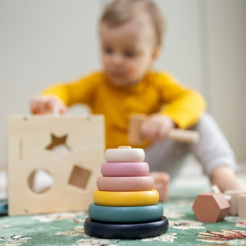 Jucarie de stivuire, Petite&Mars, Turn Orbit Wood of Mars, 10 cm, 36 luni+, Multicolor