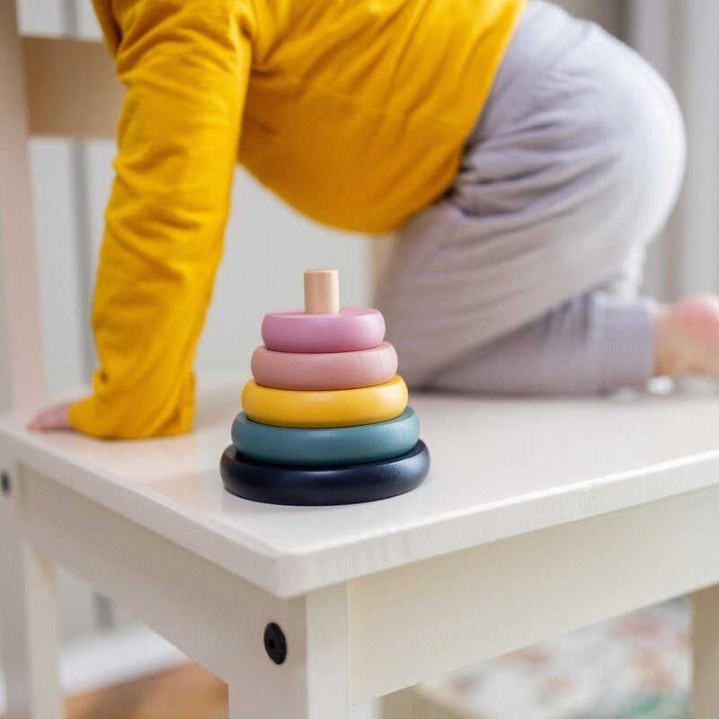 Jucarie de stivuire, Petite&Mars, Turn Orbit Wood of Mars, 10 cm, 36 luni+, Multicolor