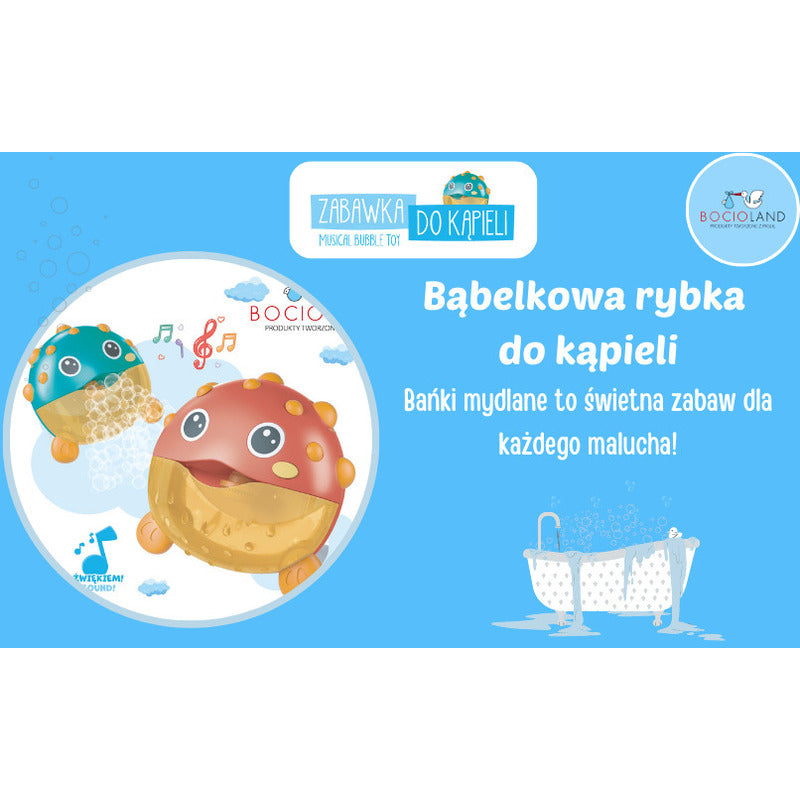 Jucarie Interactiva de baie, Bocioland, Peste cu difuzor pentru baloane de spuma si muzica, Fixare cu Ventuze, Rosu, 20x20 cm