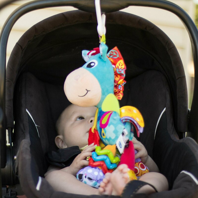 Jucarie, Playgro, Pentru carucior, scoica auto si patut, Cu jucarie de dentitie, Cu sunete, Activity Friend Clip Clop, 39 cm