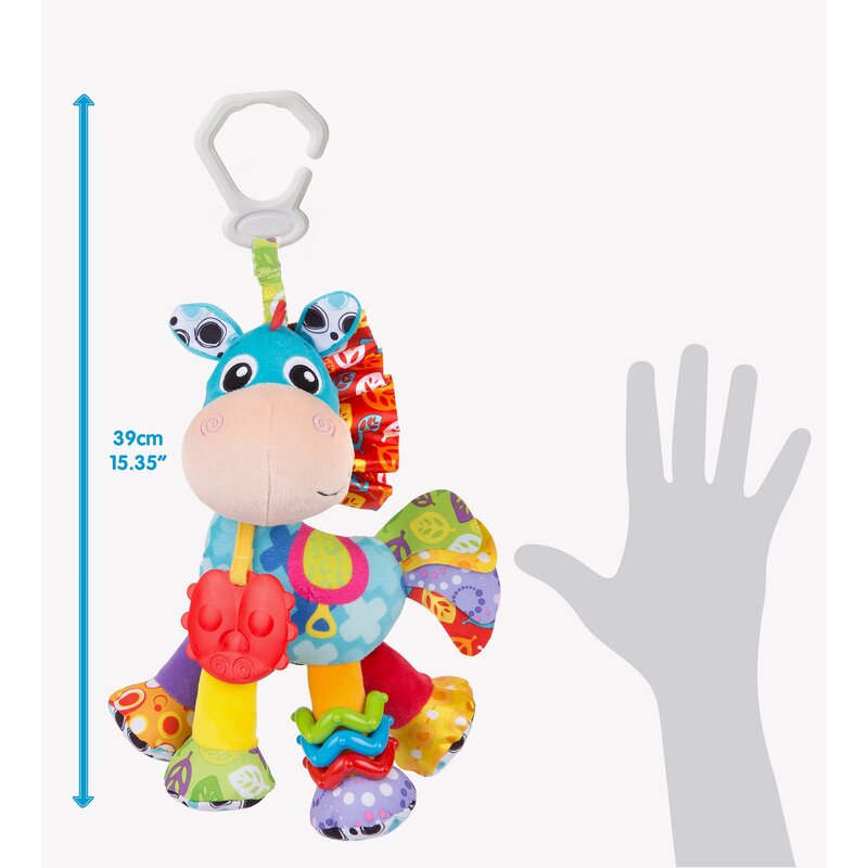 Jucarie, Playgro, Pentru carucior, scoica auto si patut, Cu jucarie de dentitie, Cu sunete, Activity Friend Clip Clop, 39 cm