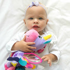 Jucarie pentru carucior, scoica auto si patut, Playgro, Cu jucarie de dentitie, Cu sunete, Activity Friend Stella Unicorn, 39 cm