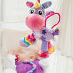 Jucarie pentru carucior, scoica auto si patut, Playgro, Cu jucarie de dentitie, Cu sunete, Activity Friend Stella Unicorn, 39 cm