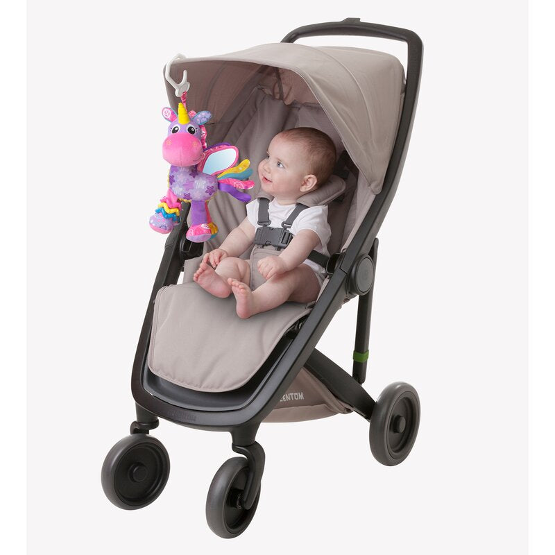 Jucarie pentru carucior, scoica auto si patut, Playgro, Cu jucarie de dentitie, Cu sunete, Activity Friend Stella Unicorn, 39 cm