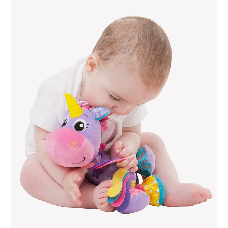 Jucarie pentru carucior, scoica auto si patut, Playgro, Cu jucarie de dentitie, Cu sunete, Activity Friend Stella Unicorn, 39 cm