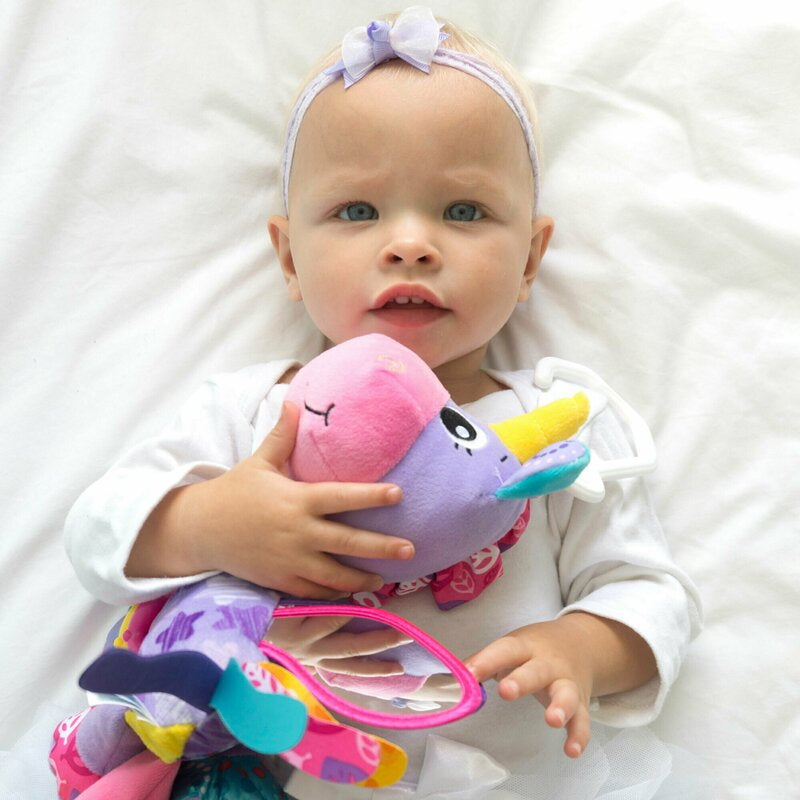 Jucarie pentru carucior, scoica auto si patut, Playgro, Cu jucarie de dentitie, Cu sunete, Activity Friend Stella Unicorn, 39 cm