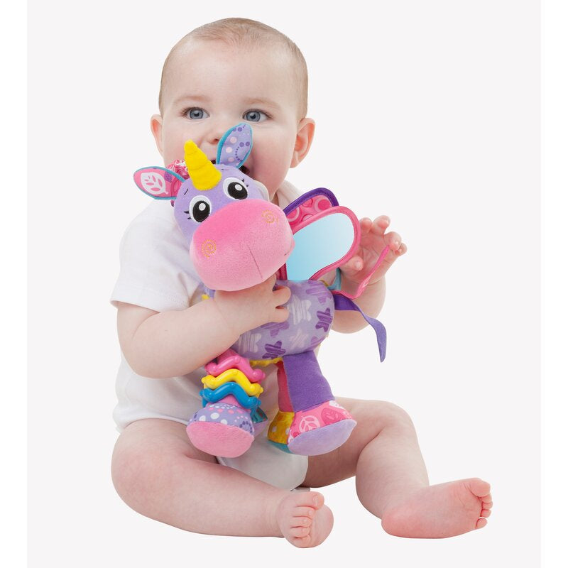 Jucarie pentru carucior, scoica auto si patut, Playgro, Cu jucarie de dentitie, Cu sunete, Activity Friend Stella Unicorn, 39 cm