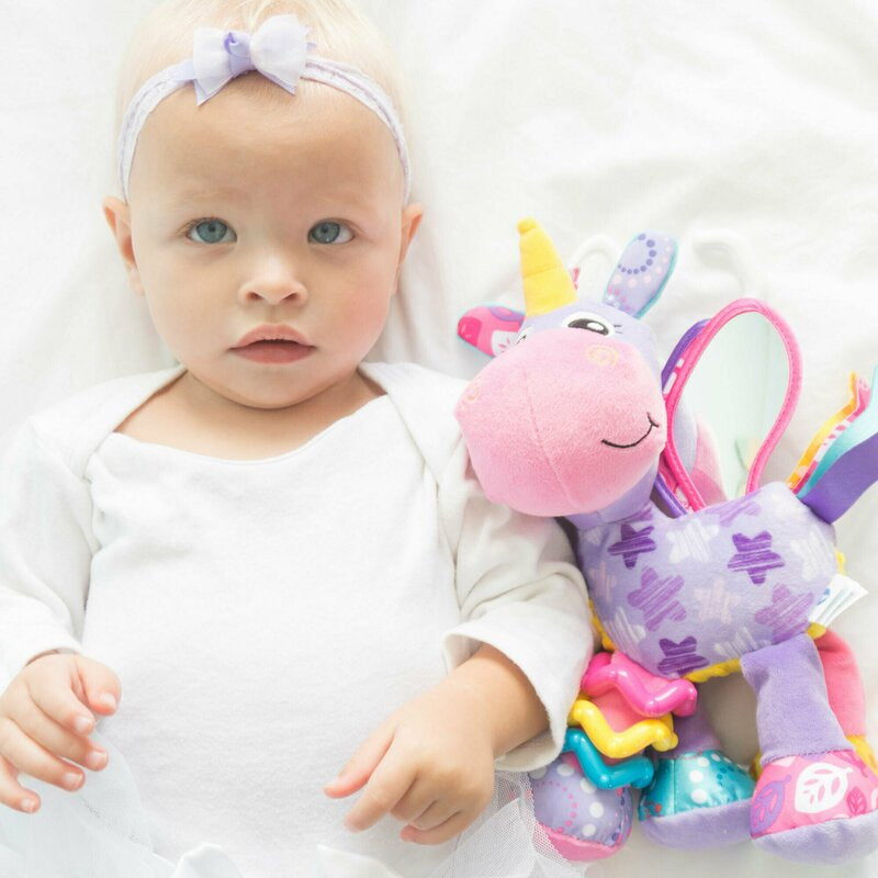Jucarie pentru carucior, scoica auto si patut, Playgro, Cu jucarie de dentitie, Cu sunete, Activity Friend Stella Unicorn, 39 cm