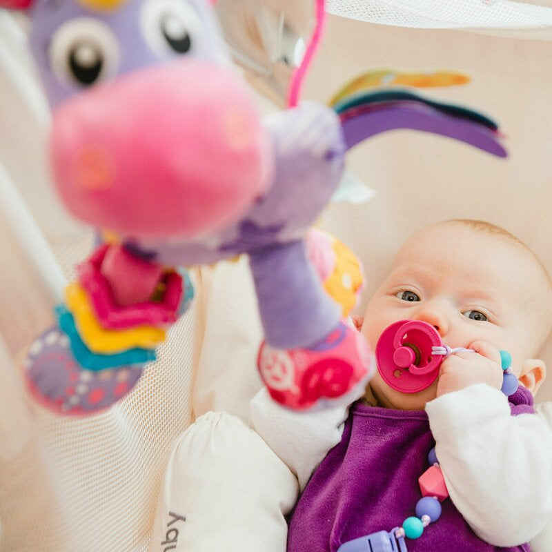 Jucarie pentru carucior, scoica auto si patut, Playgro, Cu jucarie de dentitie, Cu sunete, Activity Friend Stella Unicorn, 39 cm