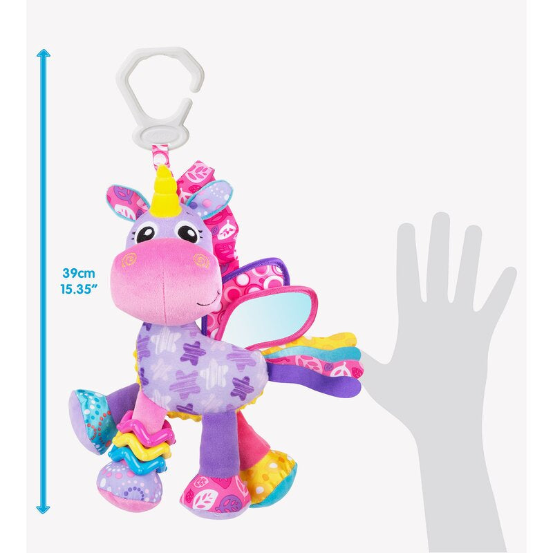 Jucarie pentru carucior, scoica auto si patut, Playgro, Cu jucarie de dentitie, Cu sunete, Activity Friend Stella Unicorn, 39 cm