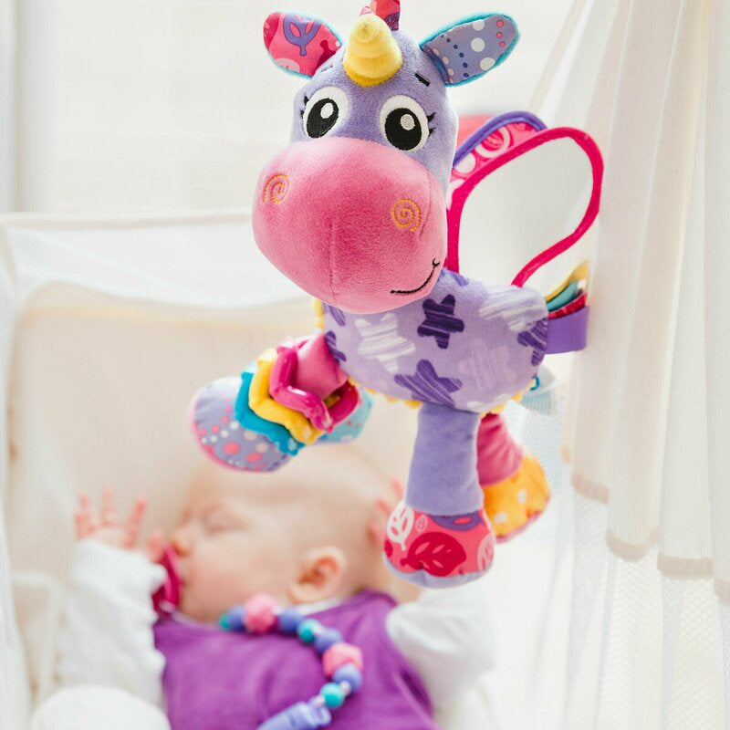 Jucarie pentru carucior, scoica auto si patut, Playgro, Cu jucarie de dentitie, Cu sunete, Activity Friend Stella Unicorn, 39 cm