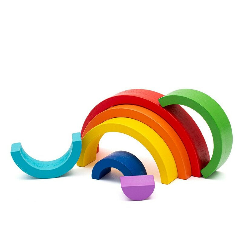 Jucarie pentru stivuire Montessori, Baby Mix, Curcubeu, Stimuleaza abilitatile motorii fine si coordonarea ochi-mana, Din lemn, 7 piese, 36 luni+