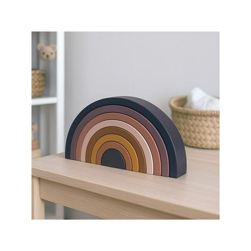 Jucarie pentru stivuire Montessori, Baby Mix, Curcubeu, Stimuleaza abilitatile motorii fine si coordonarea ochi-mana, Din lemn, 7 piese, Brown